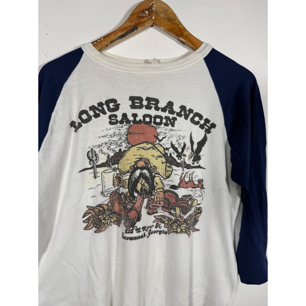 Vintage Artex Long Branch Saloon Savannah GA Raglan Shirt Blue White Mens M 70s